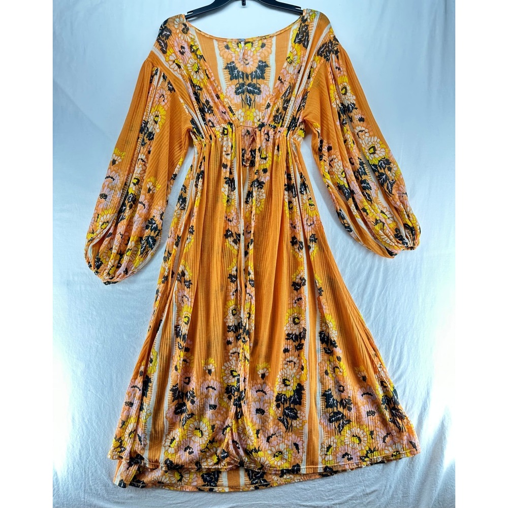 Free People Orange Floral Balloon Sleeve V-Neck Boho Kimono Cover Up XS